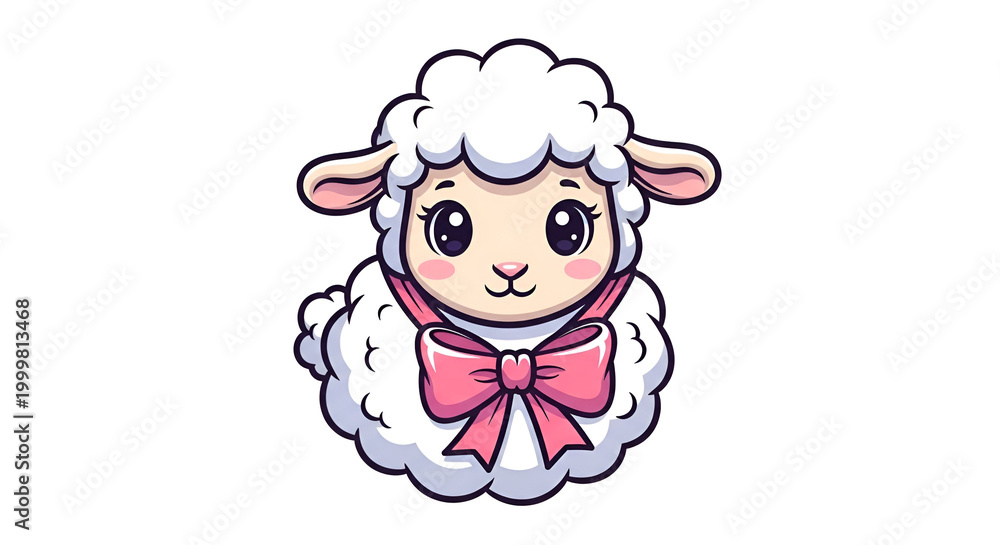Fototapeta premium Cute cartoon sheep with a pink bow, sweet expression and fluffy wool, adorable style with bright colors on a white background.