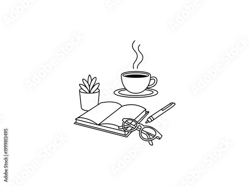 Line drawing of office supplies and hot coffee cup on saucer with opened book glasses and potted plant on transparent background