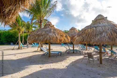 Bild auf Leinwand Shaded beach relaxation area with thatched umbrellas and chairs
