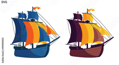 Vintage Sailing Ships with Colorful Sails, Nautical Illustration