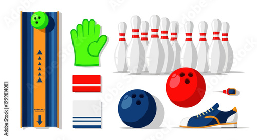 Bowling Equipment and Pins Set - Vector Flat Illustration