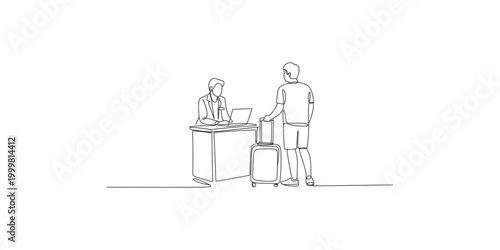 A man checking in with a receptionist at a hotel or office while holding a suitcase