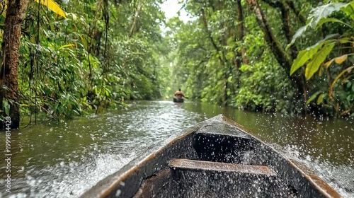 Canoe Speeding Through Narrow Jungle River Channels in Tropical Wilderness