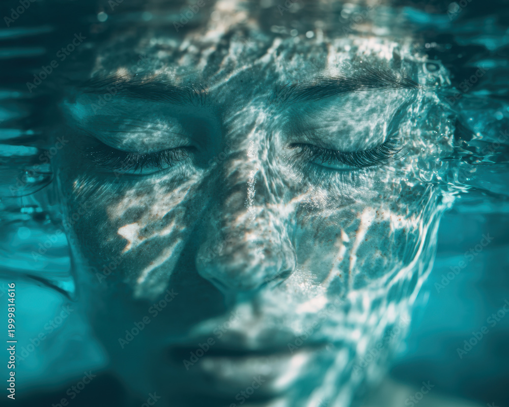 Fototapeta premium Serene underwater portrait captures woman face illuminated by light, with gentle water reflections creating tranquil atmosphere. image evokes sense of calm and introspection