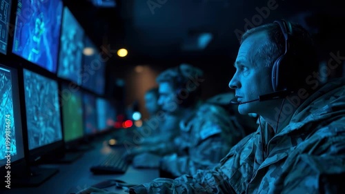 Cybersecurity team operates advanced military communication systems during a critical operation in a secure command center