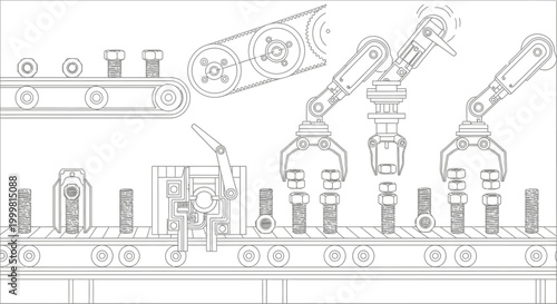 Automated factory assembly line with robotic arms line art
