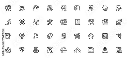 Teamwork icon set. Business vector icons pack. Includes symbols for collaboration, meeting, leadership, goal, partnership, support, presentation and more. Editable stroke.