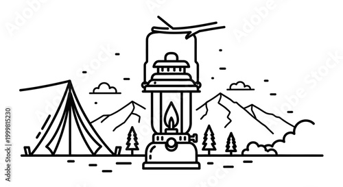 Camping lantern and tent illustration with mountains and trees