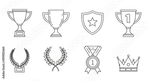 Collection of Award Icons: Trophies, Medals, Crown, Shield, and Laurel Wreaths