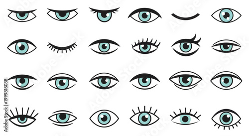 Collection of Diverse Cartoon Eyes Icons with Blue Iris and Black Eyelashes