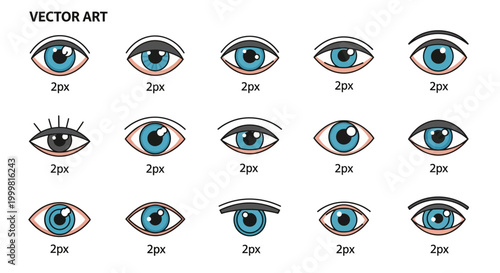 Collection of Diverse Eye Illustrations, Vector Art with Blue Iris and Eyelashes