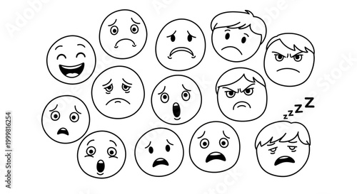 Collection of diverse hand-drawn emoji faces expressing various emotions