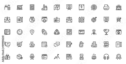 Office SEO icon set. Business vector icons pack. Includes workspace, strategy, calculator, map, video, email, target, statistics, chat, delivery and more. Editable stroke.