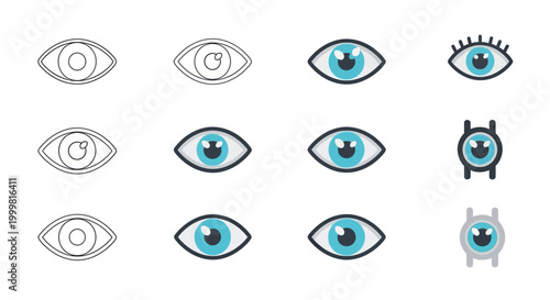 Collection of stylized eyes icons, different styles and colors, for web and graphic design