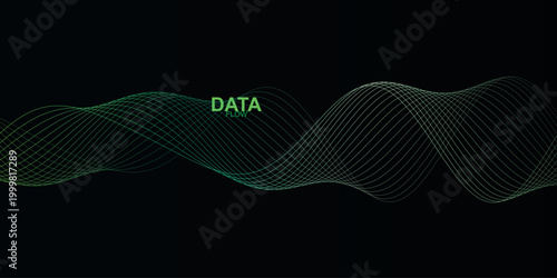 Futuristic green data wave background, abstract digital flow with thin lines, modern technology banner with DATA text on black background