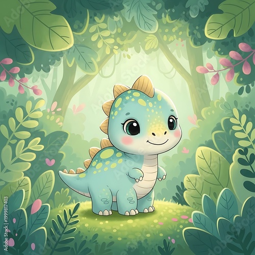 Adorable little dinosaur stands happily within a lush, verdant jungle setting