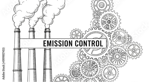 Emission control concept with industrial factory chimneys and mechanical gears illustration.