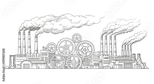 Sketch illustration of a large industrial factory with gears and smoking chimneys.