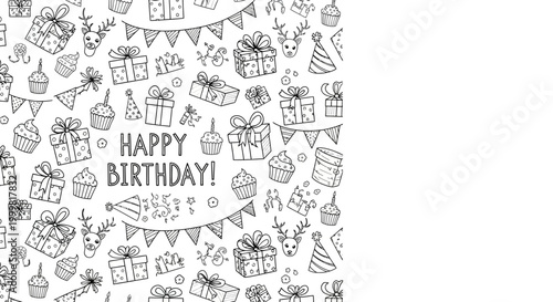 Hand drawn Happy Birthday pattern illustration with gift boxes and party decorations.
