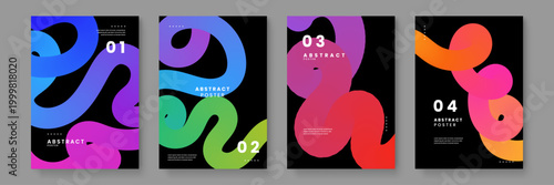 Vibrant 3D fluid wave posters featuring serpentine liquid shapes with rainbow gradients on a dark backdrop
