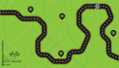 Creative vector illusion of race track or road symbol isolated on green background.