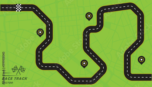 Creative vector illusion of race track or road symbol isolated on green background.