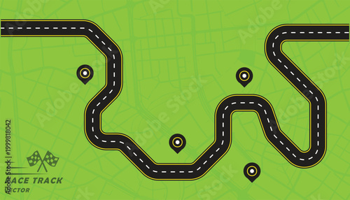 Creative vector illusion of race track or road symbol isolated on green background.
