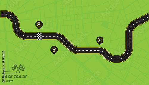 Creative vector illusion of race track or road symbol isolated on green background.