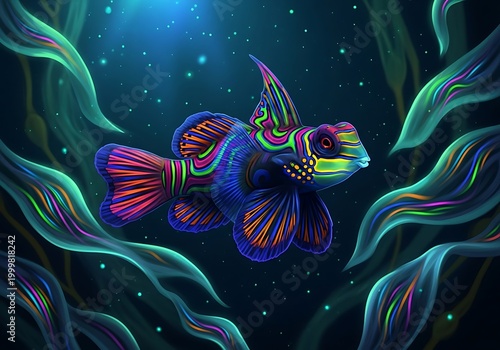 Vibrant tropical aquatic creature swims among glowing seaweed in deep blue water