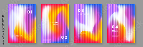 Creative poster set featuring rhythmic vertical stripe patterns combined with vibrant rainbow mesh gradients