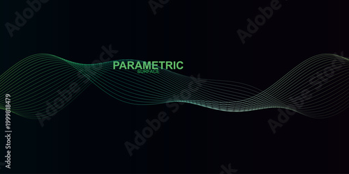Parametric surface wave vector illustration, abstract green flowing lines on dark background, futuristic digital soundwave and data visualization