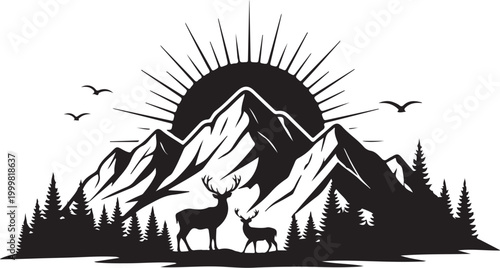 Mountain landscape vector, deer silhouette, sunrise illustration, nature scenery
