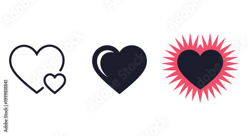 Set of three heart symbols including an outline with a small heart, a solid heart, and a heart with a red burst effect, love and emotion icon collection, modern vector design