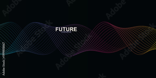 Futuristic wave background with colorful gradient lines, abstract digital soundwave vector illustration, dark tech banner with future horizon text