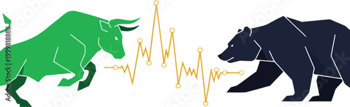 Market Dynamics: Bull and Bear: A graphic depiction of market volatility, symbolizing financial trends through the iconic bull and bear representations.