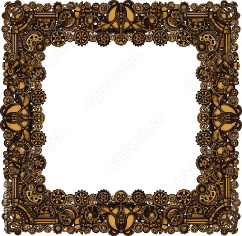 Industrial steampunk square frame with intricate brass gears and cogs