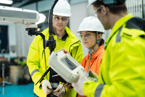 Obraz na plátně Team of engineers programming an industrial robot arm in smart factory