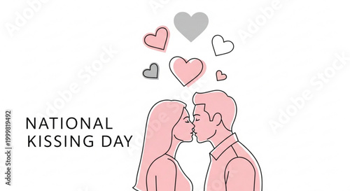 Couple sharing a tender kiss surrounded by floating hearts in a minimalist vector illustration for national kissing day