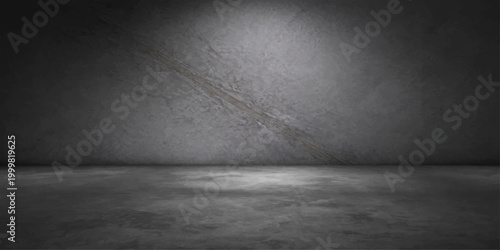An empty dark room featuring a textured concrete wall and gray cement floor creates a vintage grunge interior with an aged stone pattern backdrop