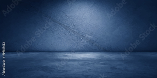 An empty dark blue room featuring a vintage grunge texture on aged concrete walls and a dirty cement floor for a moody interior design backdrop