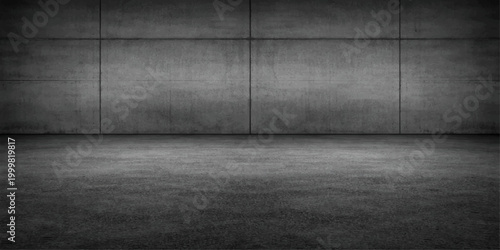 Empty interior room featuring a dark grunge concrete wall and floor with a gray aged cement texture for an old vintage stone backdrop pattern