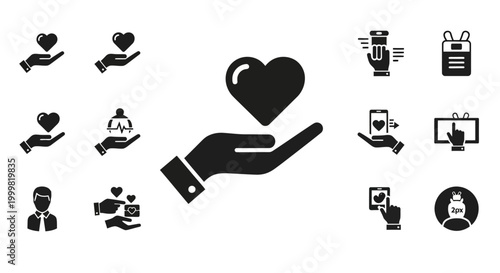 Hand offering heart surrounded by various love icons on white background