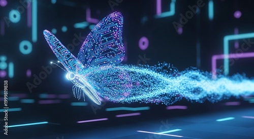 Digital butterfly composed of glowing circuits and particles flies through a dark abstract environment