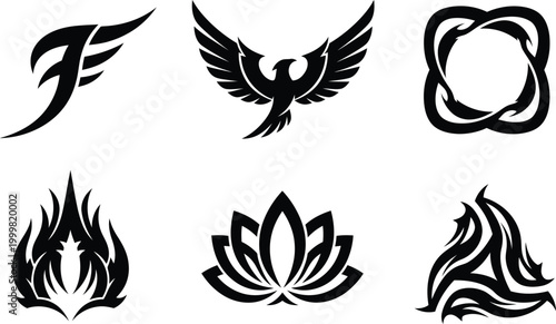 Dynamic vector art collection phoenix flames and floral designs black and white graphics for versatile use