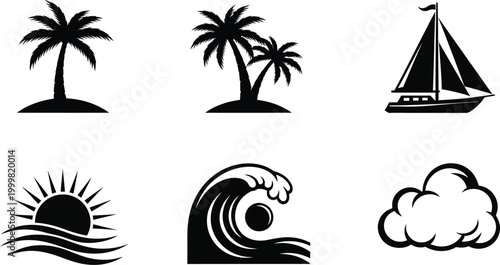Tropical island vector icons palm trees sailboat sun waves clouds high quality vector graphics