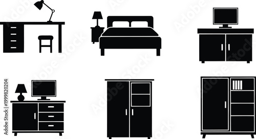 Minimalist bedroom furniture vector icons desk bed wardrobe dresser set for interior design projects