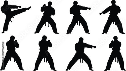 Martial arts vector silhouettes dynamic karate and kung fu poses for fitness training and combat illustrations