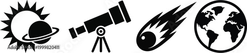 Cosmic vector illustration sun planet telescope comet earth space exploration and astronomical vector graphics
