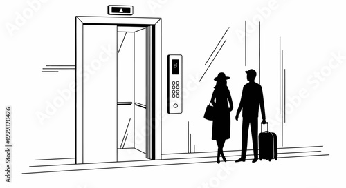 Couple with suitcase waiting for elevator in minimalist style