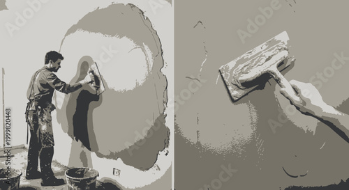 Construction worker applying plaster to wall with metal trowel